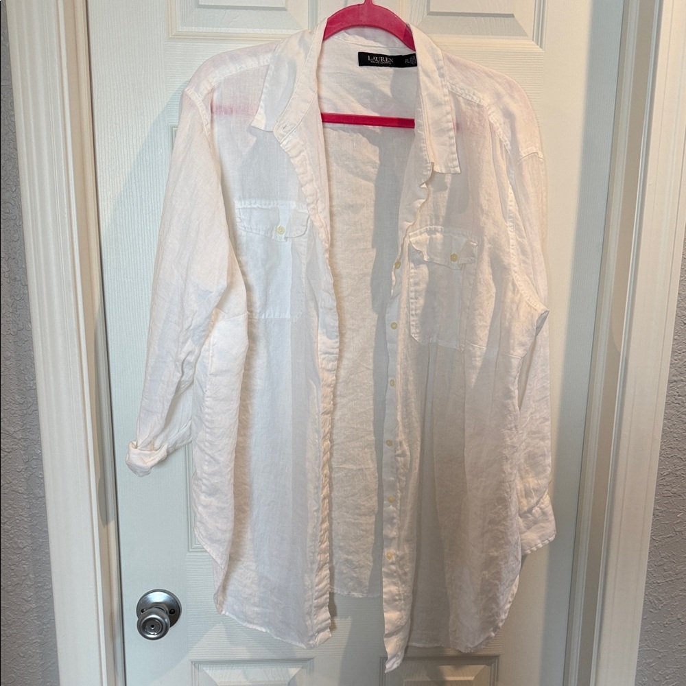 Lauren Ralph Lauren 100% Linen Tunic Button Down — White, 2X